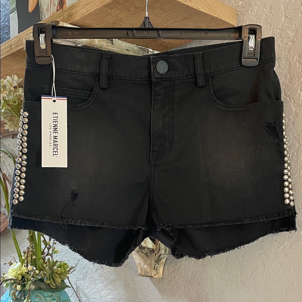 Black Metal Brad-Trim Distressed Denim Shorts